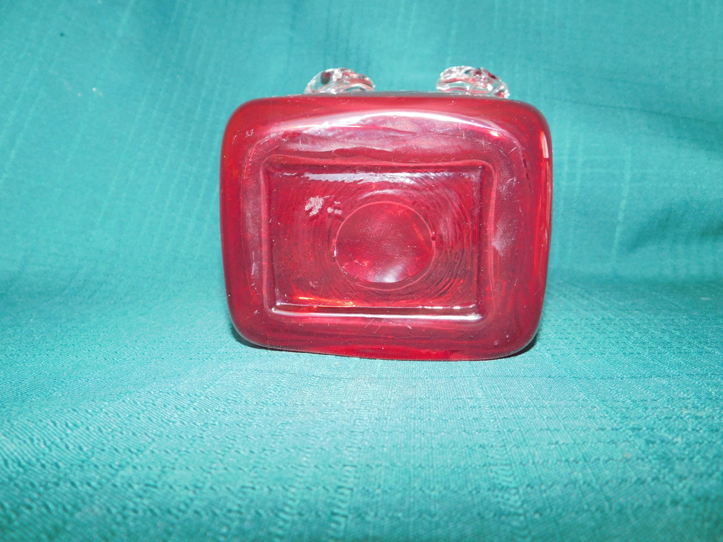 Red and clear art glass basket near mint condition