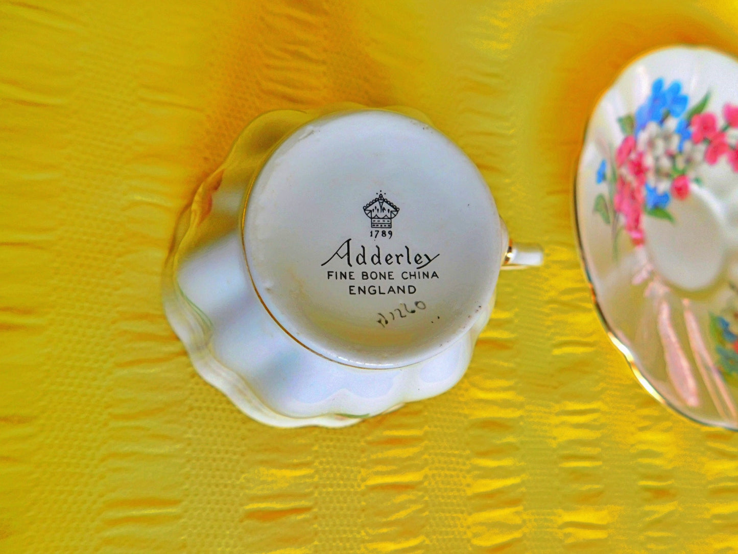 Adderley pink blue white floral 1260 cup and saucer VGU