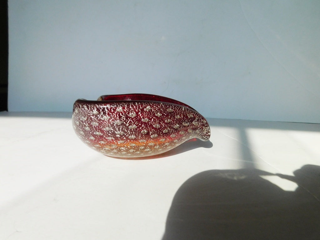 Hand‑Blown Red & Amber Art Glass Bowl – Sculptural Mid‑Century Style
