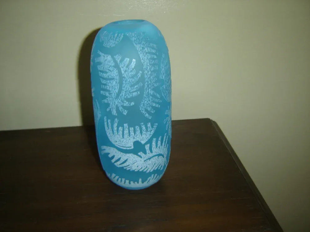Tall light blue round frosted design art glass vase