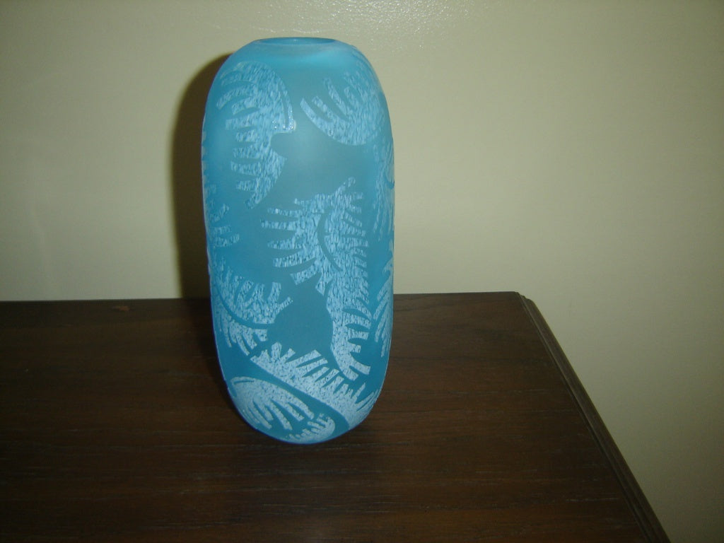 Tall light blue round frosted design art glass vase VGU