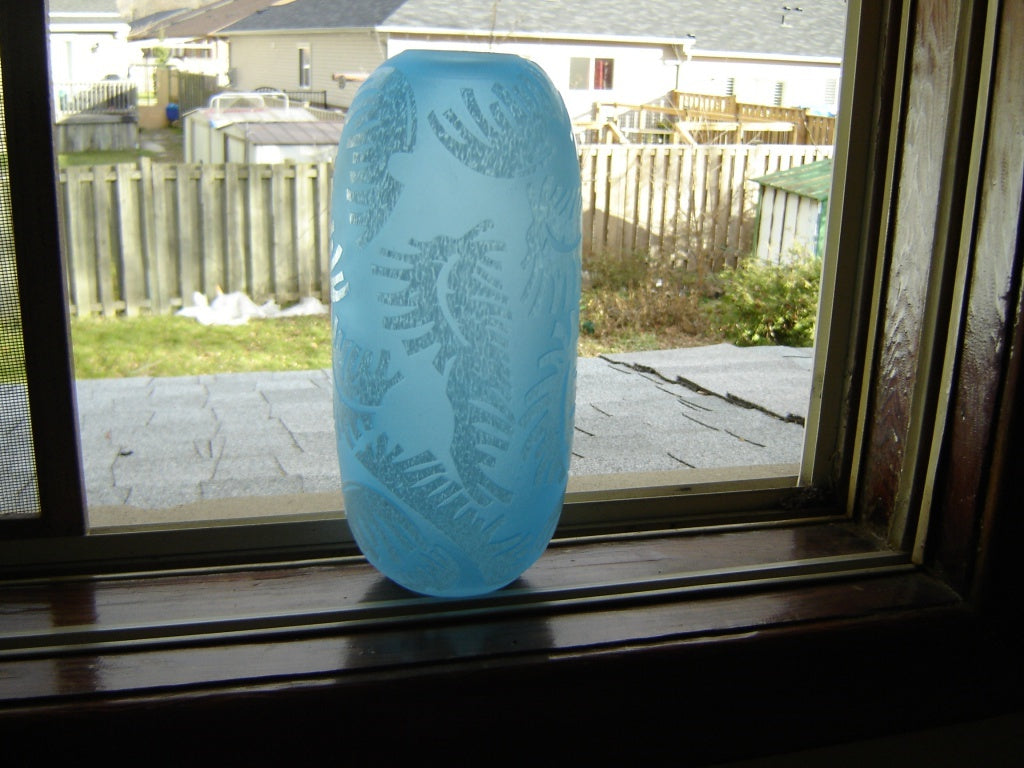 Tall light blue round frosted design art glass vase VGU