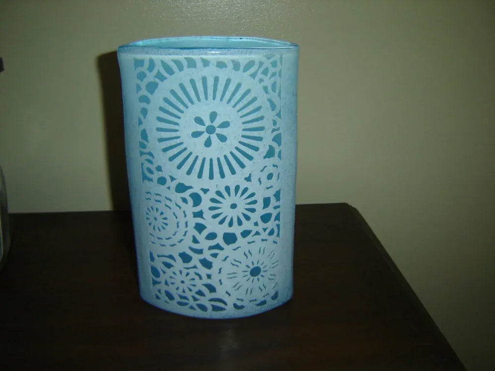 Tall light blue oval frosted snowflake art glass vase
