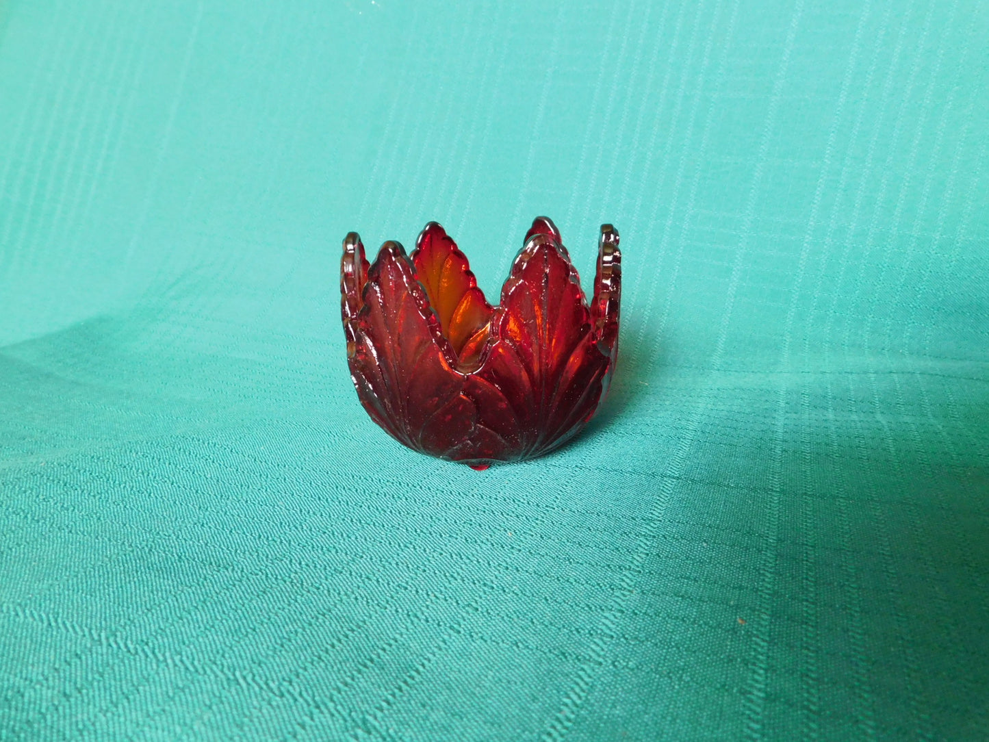 Exquisite Ruby Glass leaf candle holder near mint condition