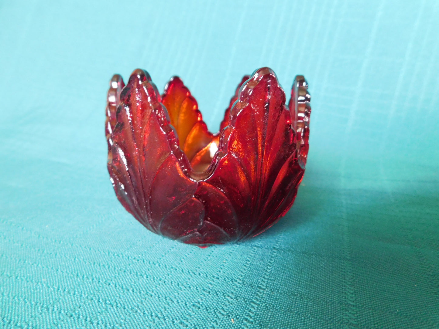 Exquisite Ruby Glass leaf candle holder near mint condition