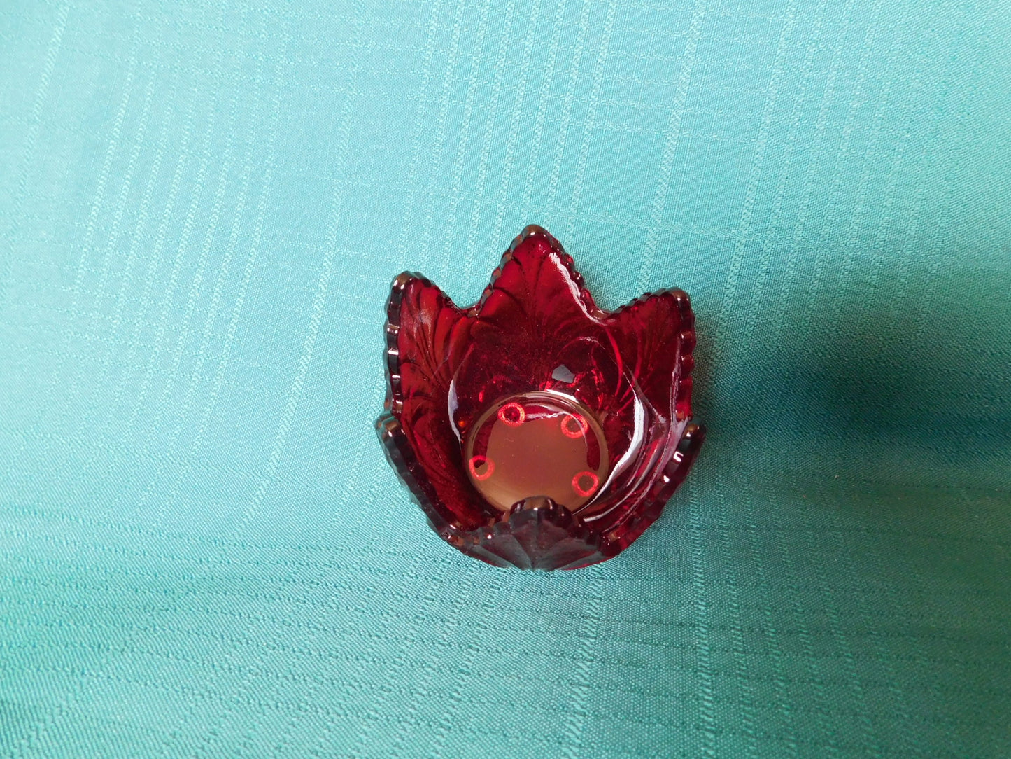 Exquisite Ruby Glass leaf candle holder near mint condition