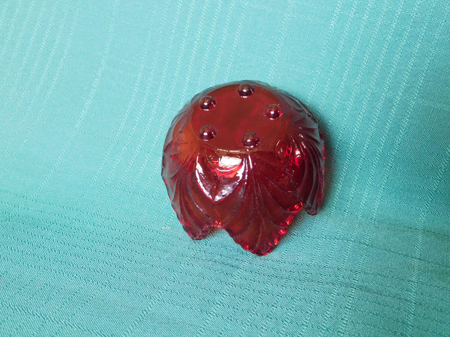 Exquisite Ruby Glass leaf candle holder near mint condition