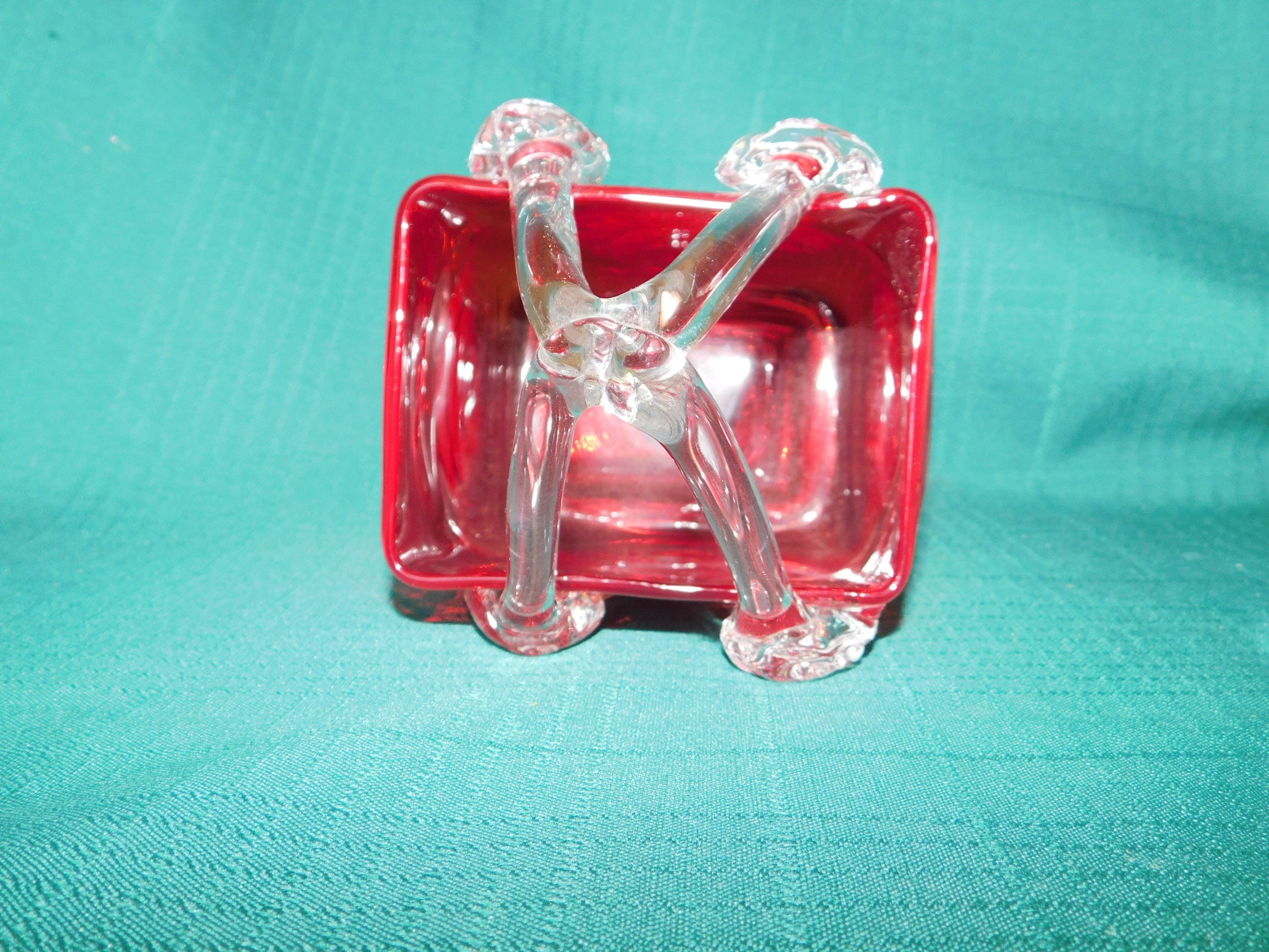 Red and clear art glass basket near mint condition