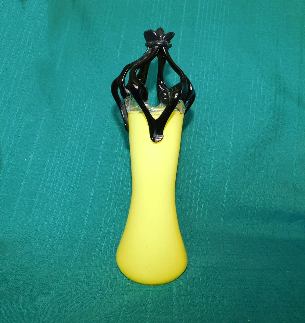 Yellow and black art glass vase near mint condition