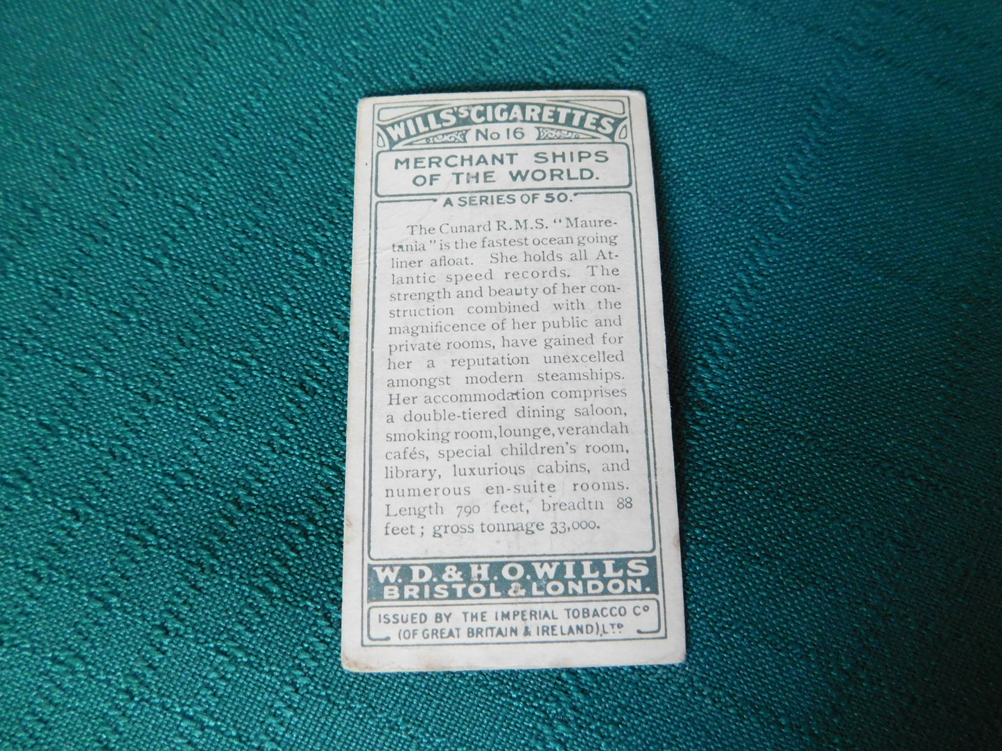 Wills's Cigarettes numbers 16 and 36 Merchant Ships (1925) tobacco cards