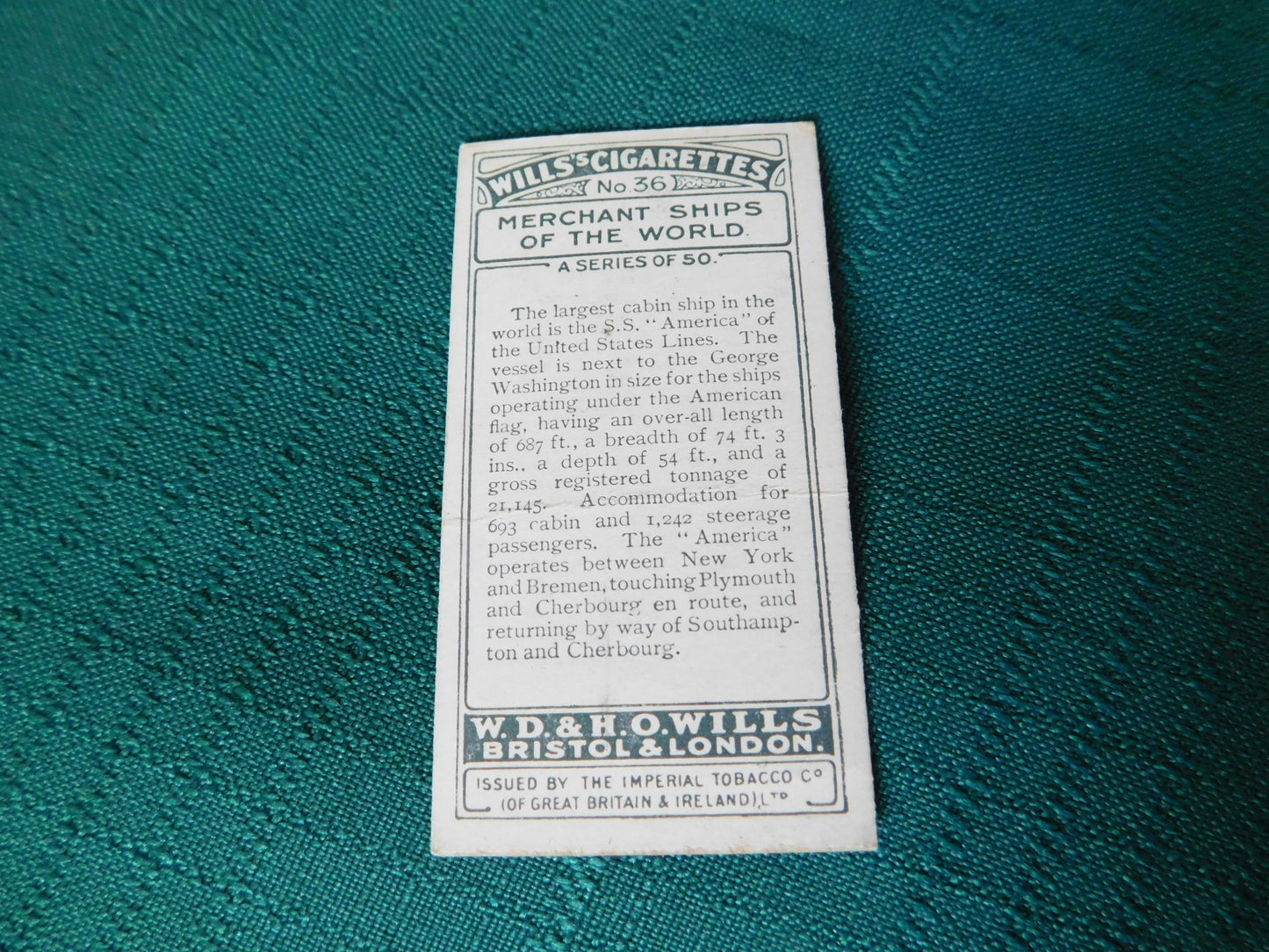 Wills's Cigarettes numbers 16 and 36 Merchant Ships (1925) tobacco cards