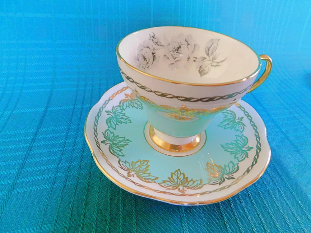 Foley gold leaf gray Rose blue band cup and saucer