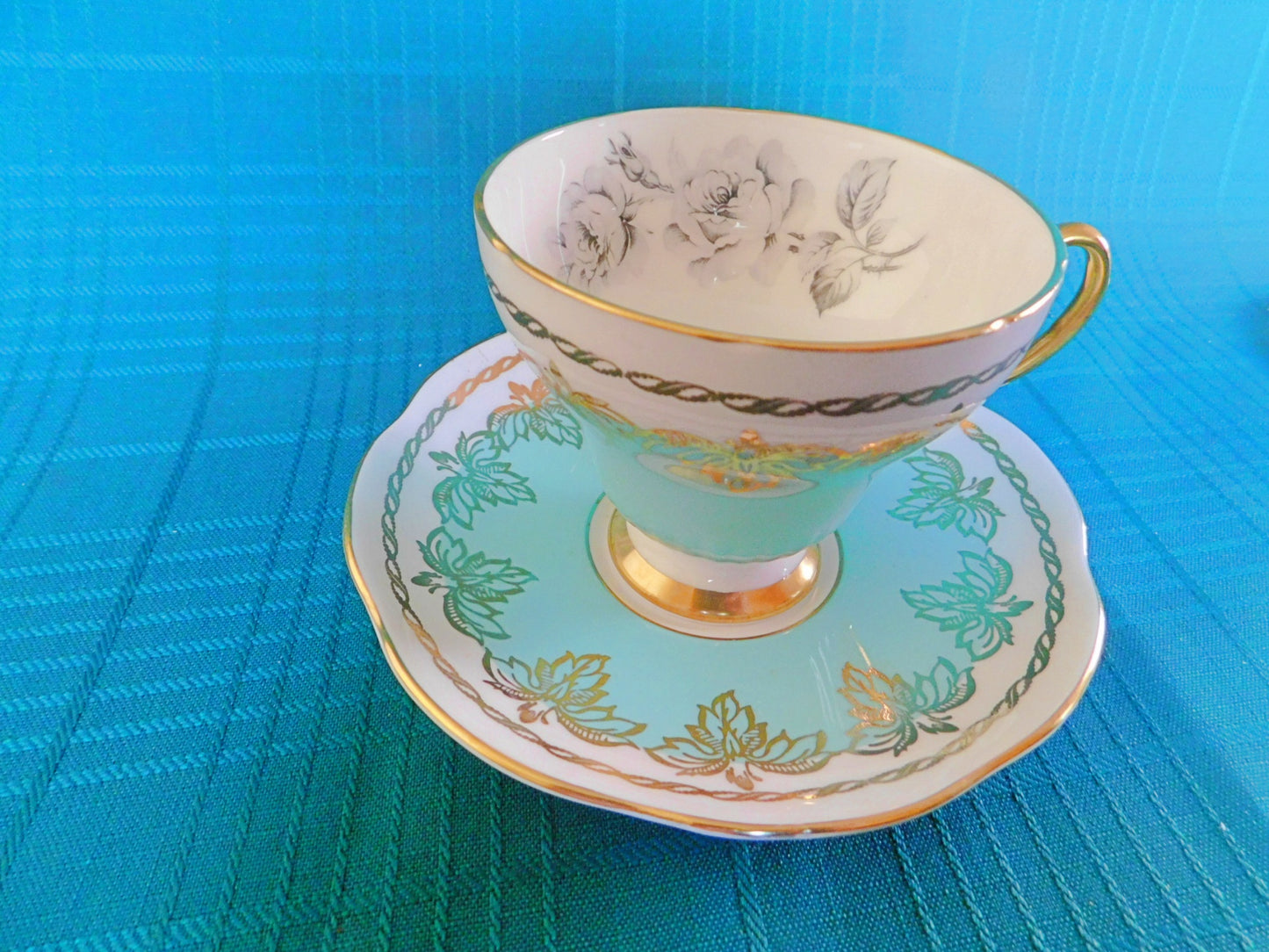 Foley gold leaf gray Rose blue band cup and saucer VGU