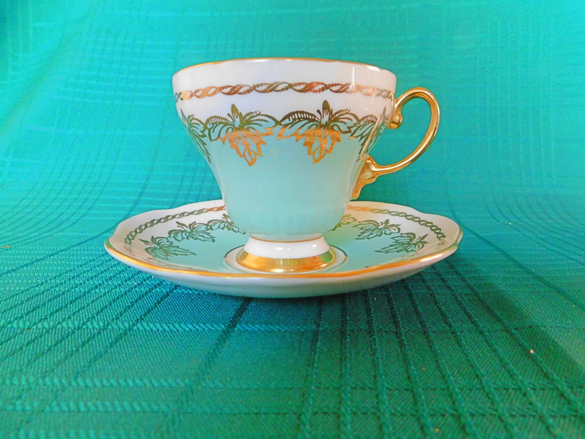 Foley gold leaf gray Rose blue band cup and saucer VGU