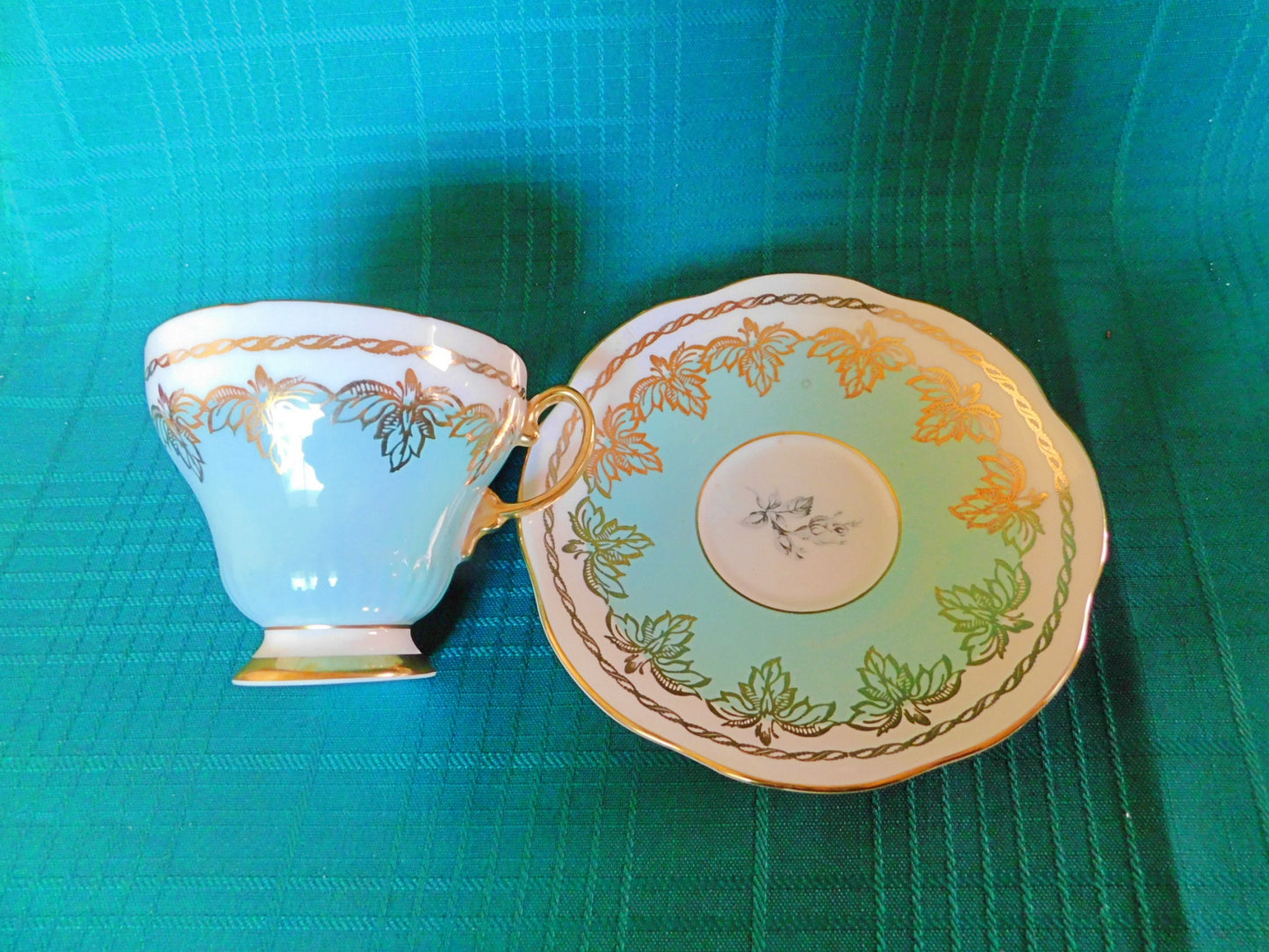 Foley gold leaf gray Rose blue band cup and saucer VGU