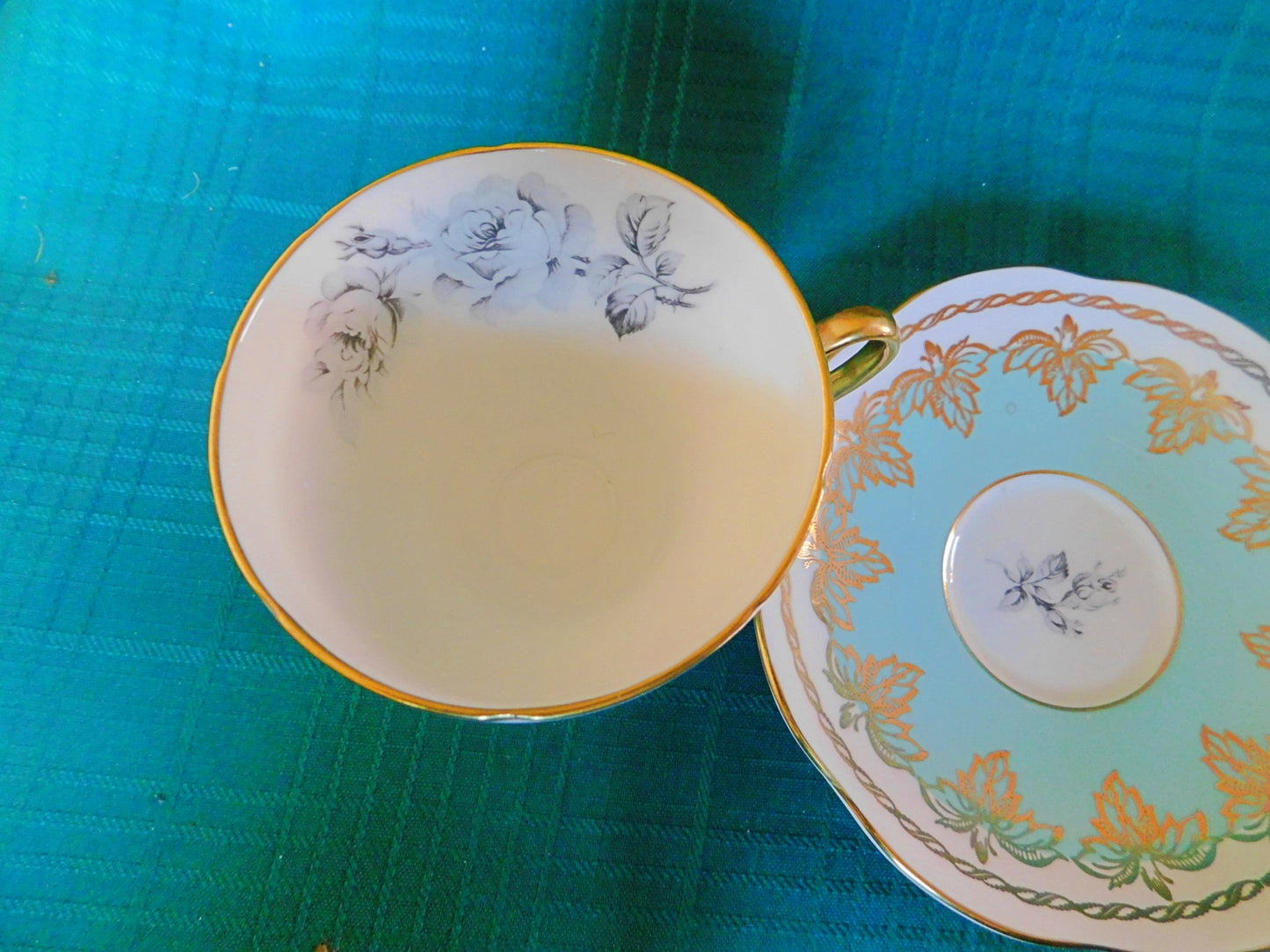 Foley gold leaf gray Rose blue band cup and saucer VGU