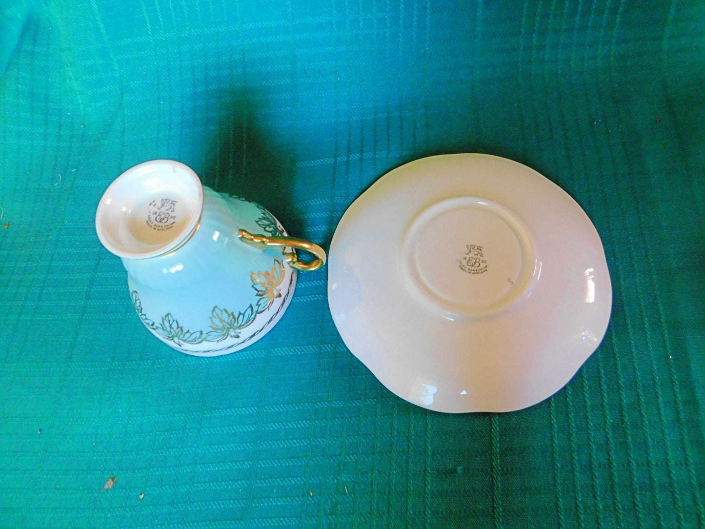 Foley gold leaf gray Rose blue band cup and saucer VGU