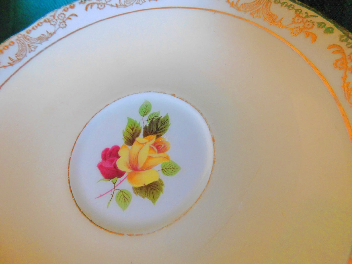 Sutherland 3334 yellow pink Roses yellow band cup and saucer GUC