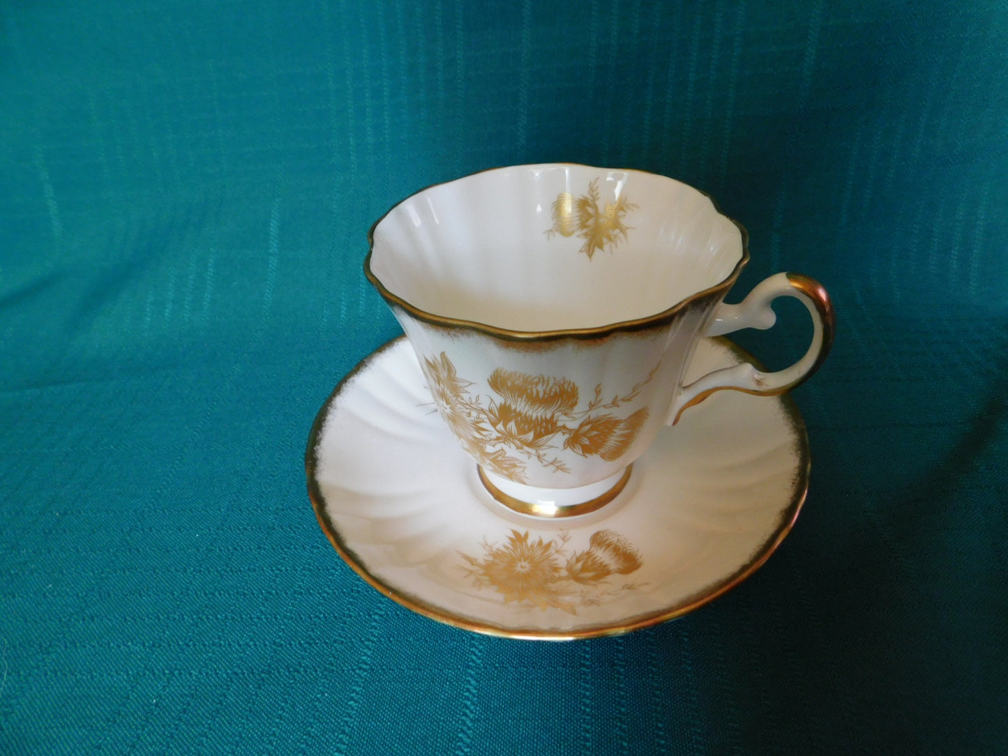 Royal Grafton K1885 gold thistle pink cup and saucer near mint condition