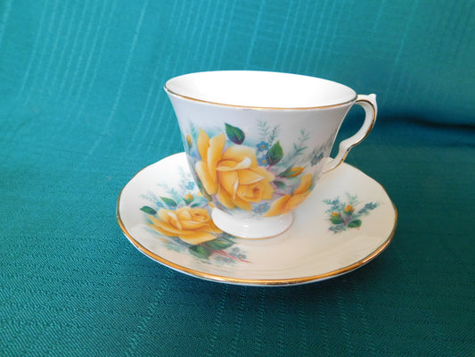 Queen Anne 8518 yellow roses blue flowers cup and saucer near mint condition