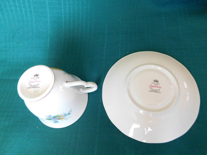 Queen Anne 8518 yellow roses blue flowers cup and saucer near mint condition