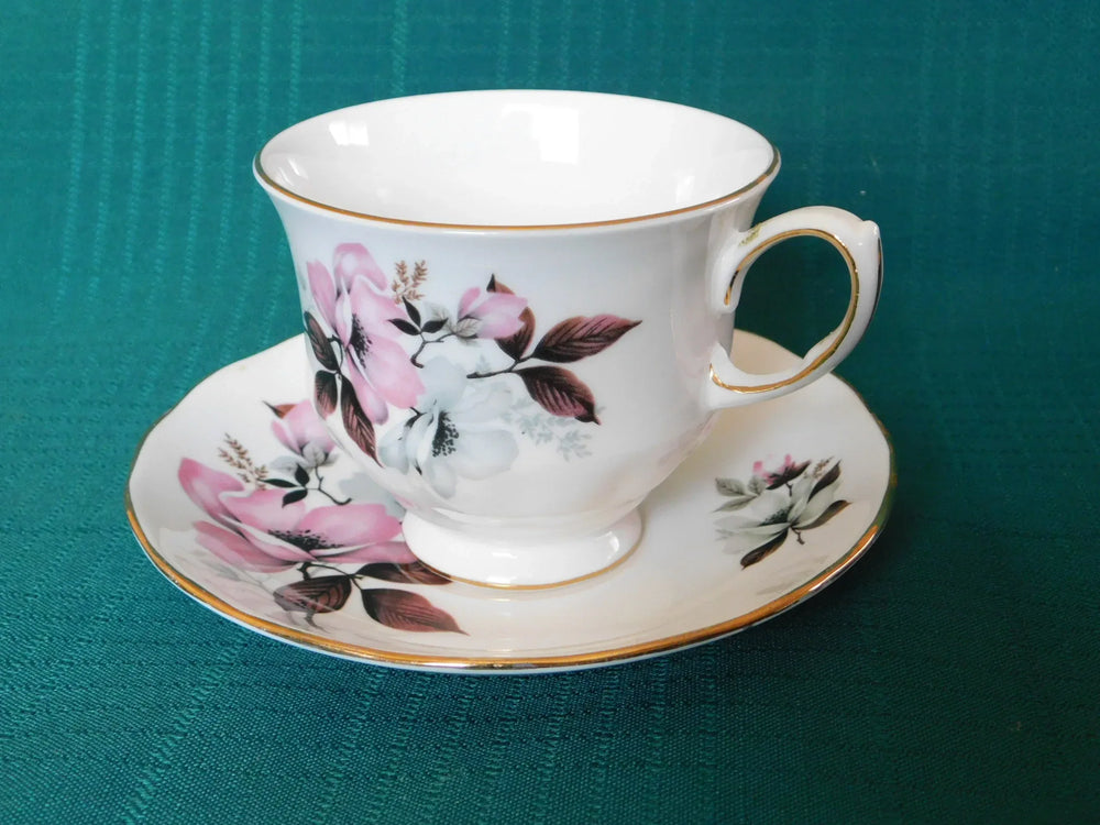 Queen Anne 8473 pink gray flowers cup and saucer