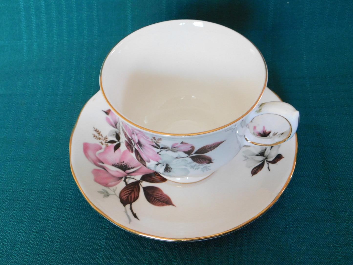 Queen Anne 8473 pink gray flowers cup and saucer VGU