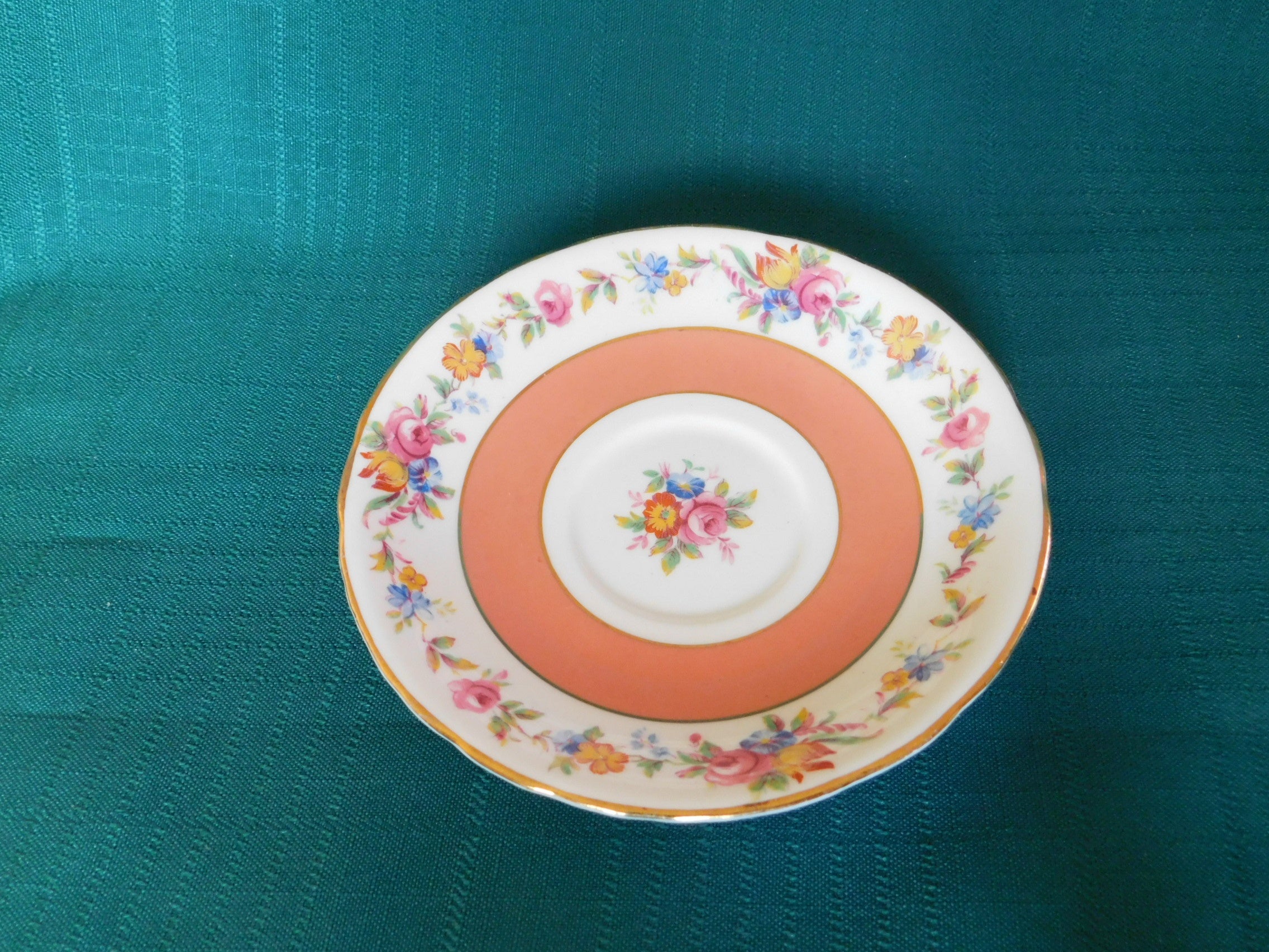Paragon S5705/3 yellow pink blue floral peach band saucer VGU