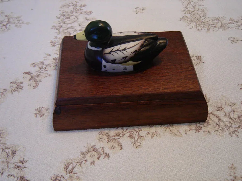 Vintage solid wood Duck double deck playing card box with cards