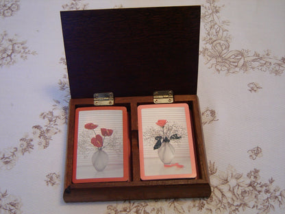 Vintage solid wood Duck double deck playing card box with cards VGU