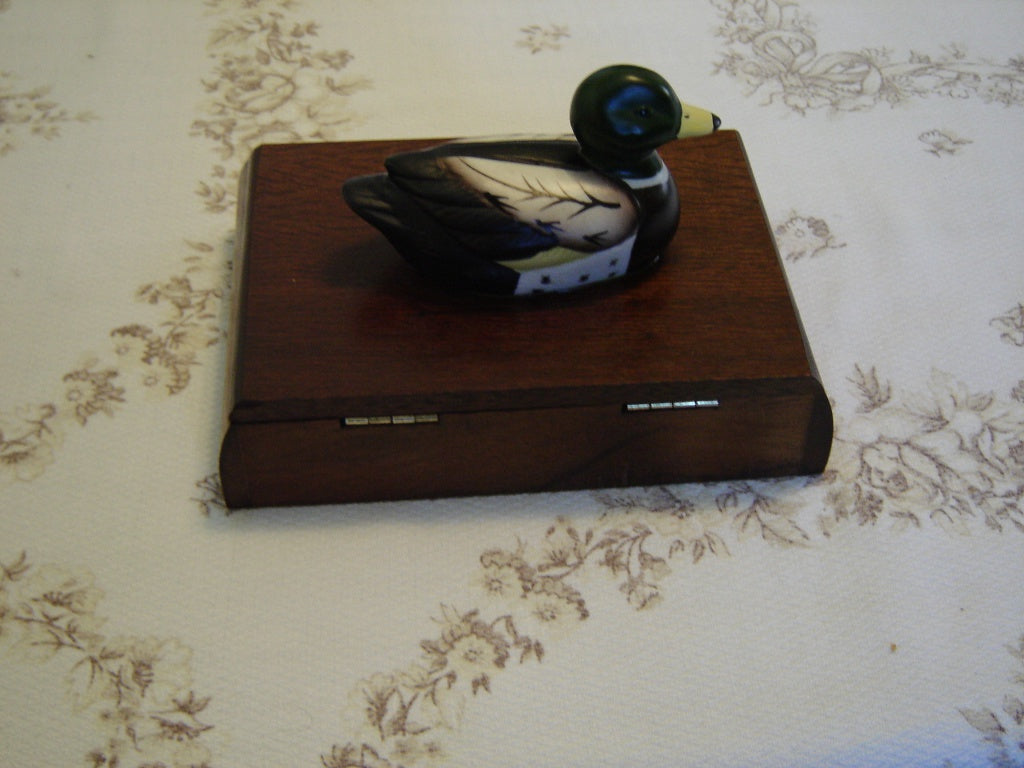 Vintage solid wood Duck double deck playing card box with cards VGU