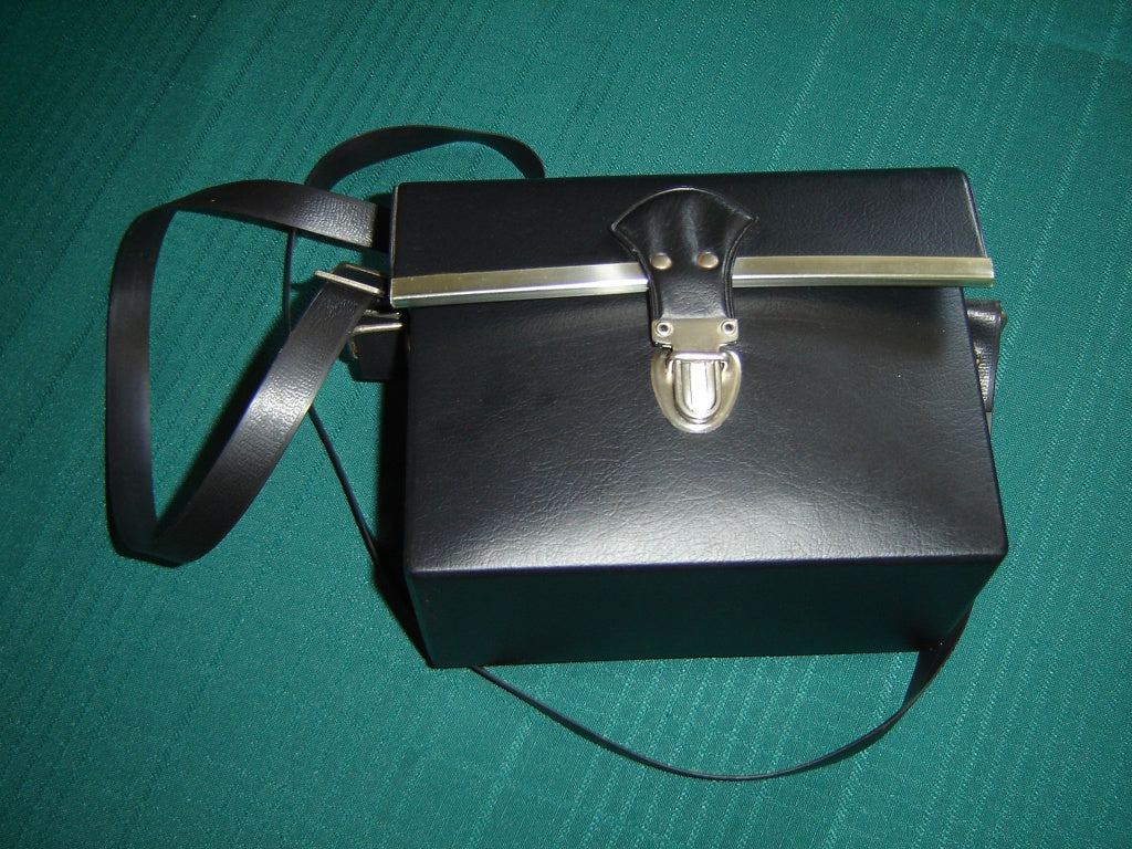 Black leatherette camera case with strap