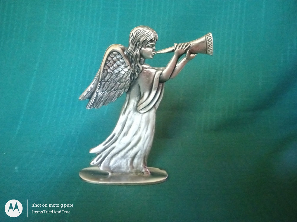 Pewter Angel Figurine with Trumpet – Vintage Heralding Angel Sculpture