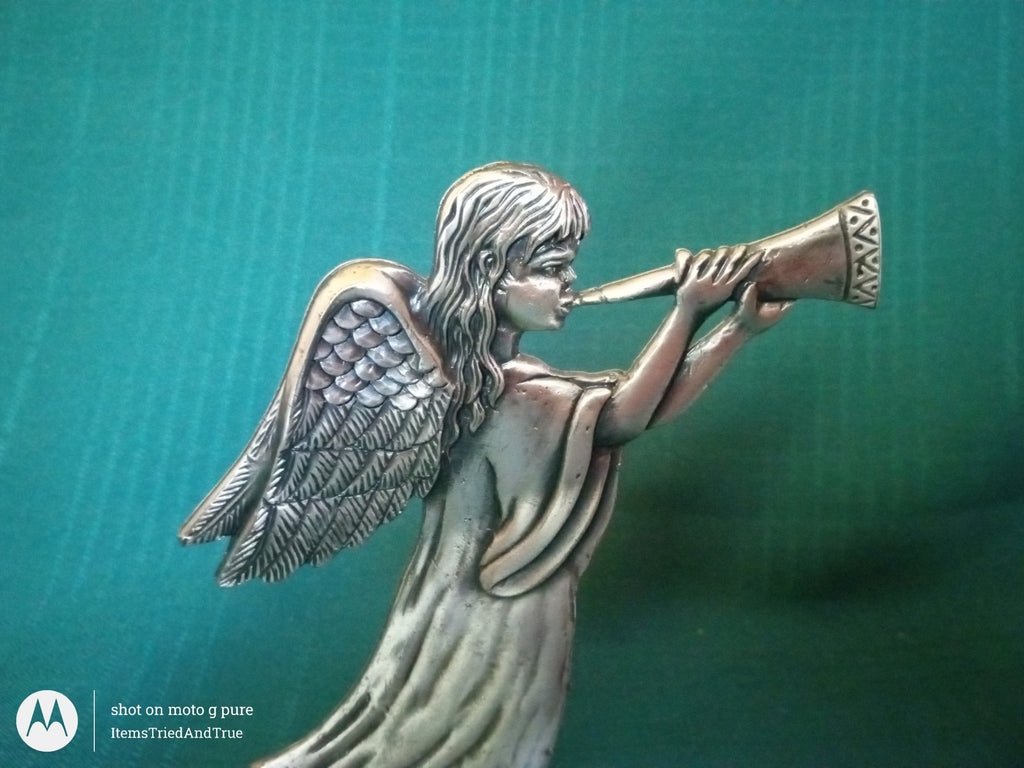 Pewter Angel Figurine with Trumpet – Vintage Heralding Angel Sculpture