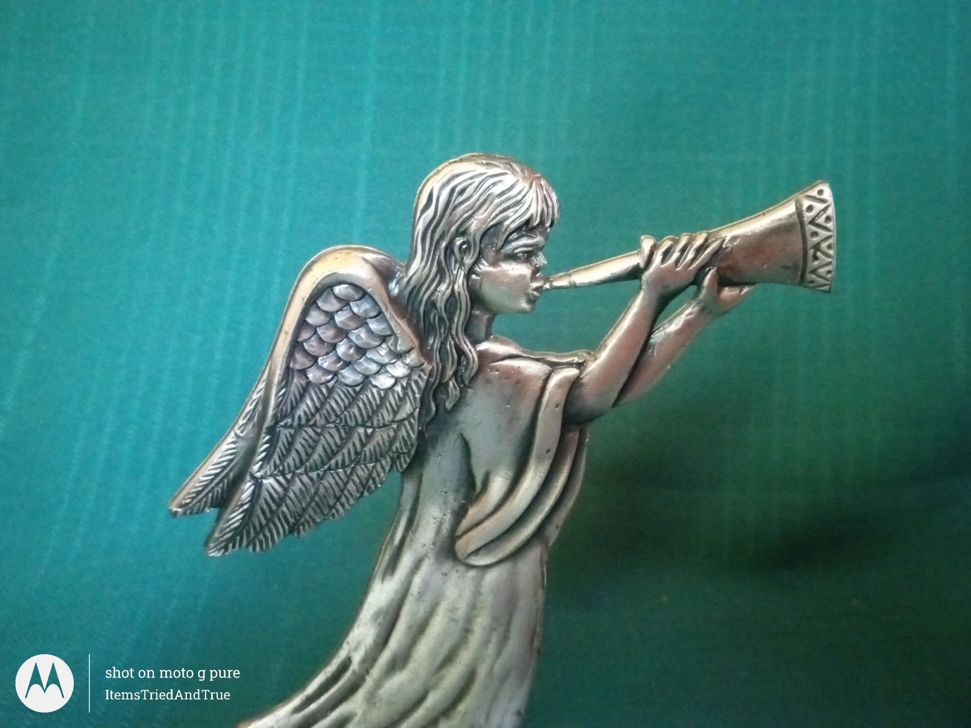 Pewter Angel Figurine with Trumpet – Vintage Heralding Angel Sculpture