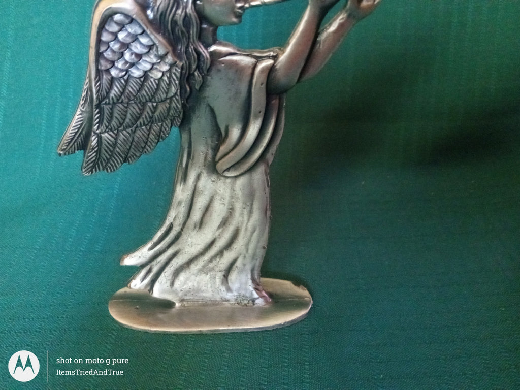 Pewter Angel Figurine with Trumpet – Vintage Heralding Angel Sculpture