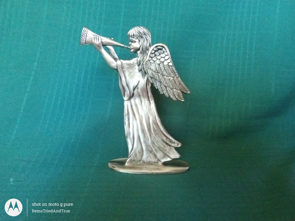 Pewter Angel Figurine with Trumpet – Vintage Heralding Angel Sculpture