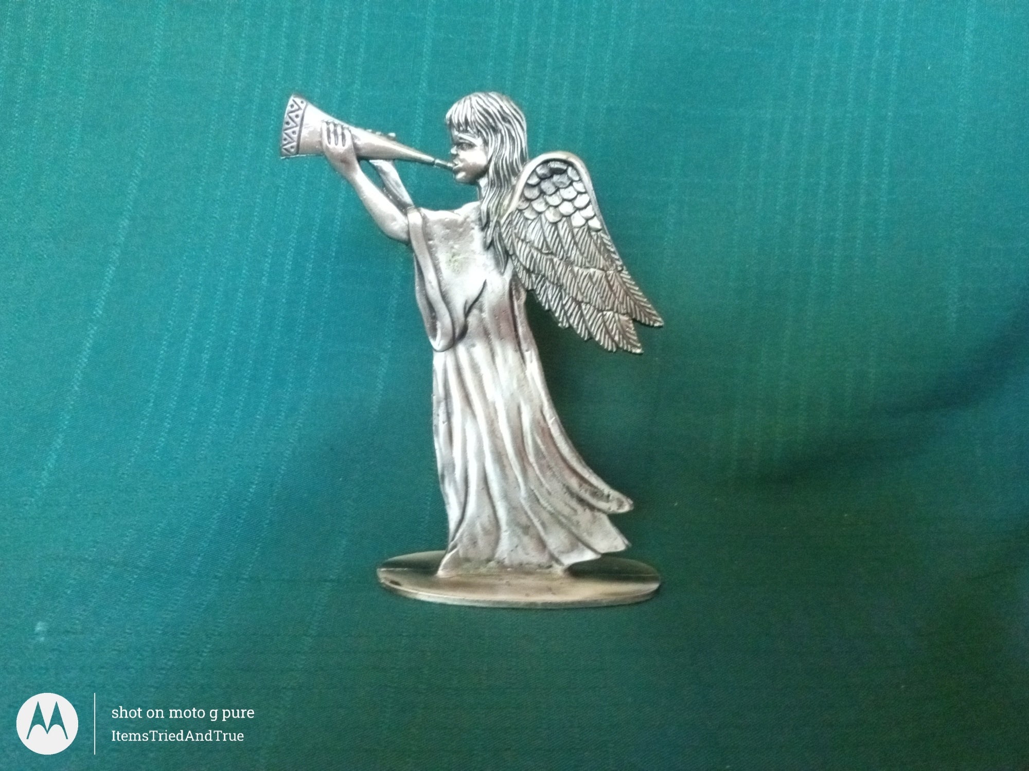 Pewter Angel Figurine with Trumpet – Vintage Heralding Angel Sculpture