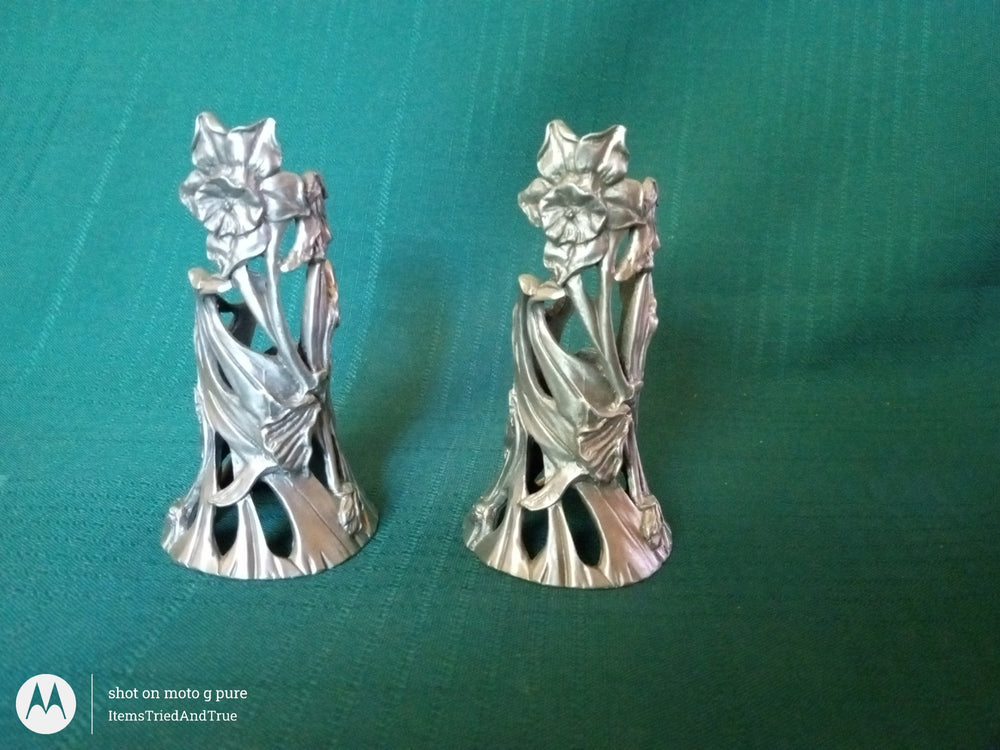 1996 Seagull Pewter Floral Taper Candle Holders – Pair, Art Nouveau Style