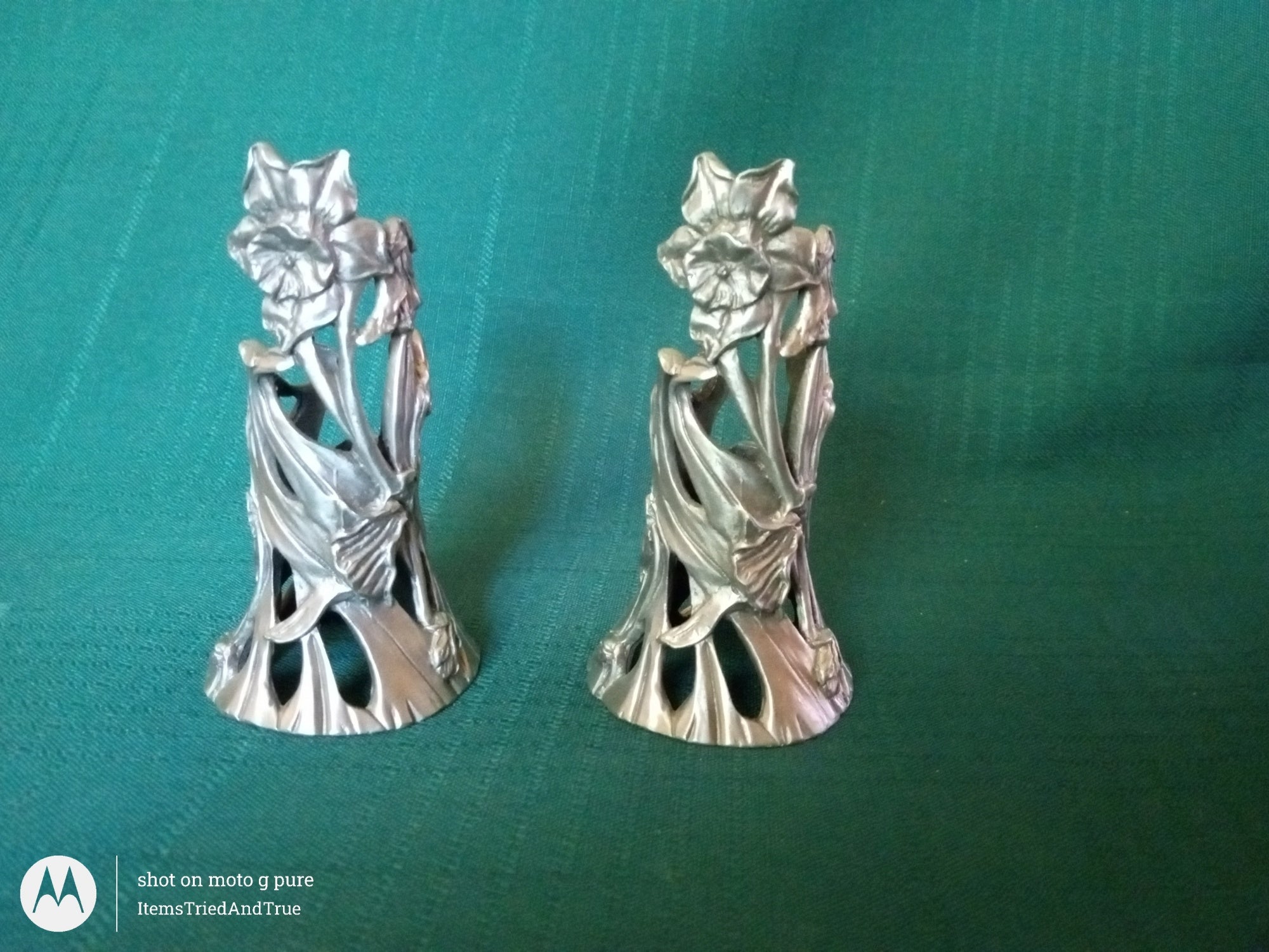 1996 Seagull Pewter Candle Holders – Pair of Floral Art Pewter Taper Holders (Canada)
