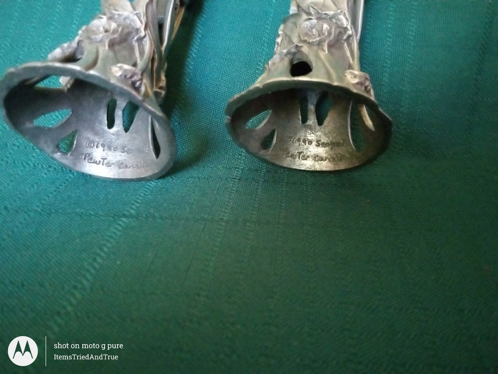 1996 Seagull Pewter Candle Holders – Pair of Floral Art Pewter Taper Holders (Canada)