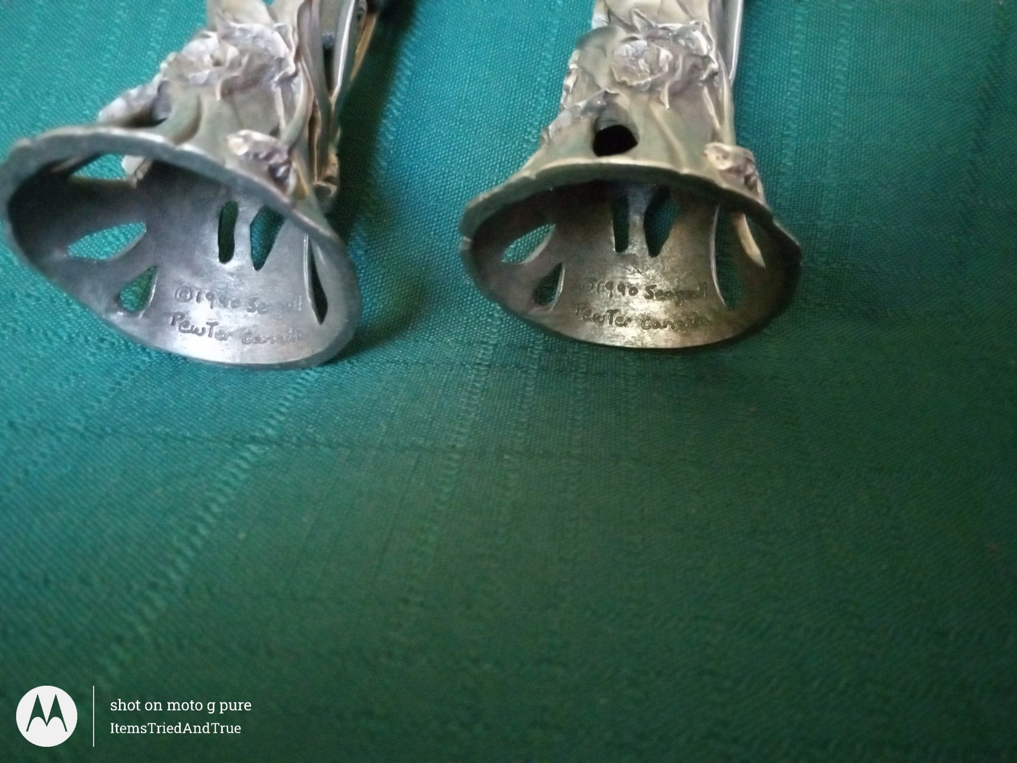 1996 Seagull Pewter Candle Holders – Pair of Floral Art Pewter Taper Holders (Canada)