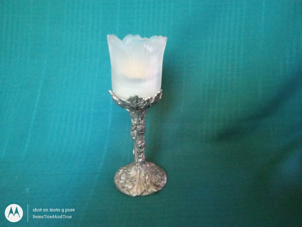 1986 Arthur Court Candle Holder – Frosted Glass Flower Shade & Sculpted Pewter Base