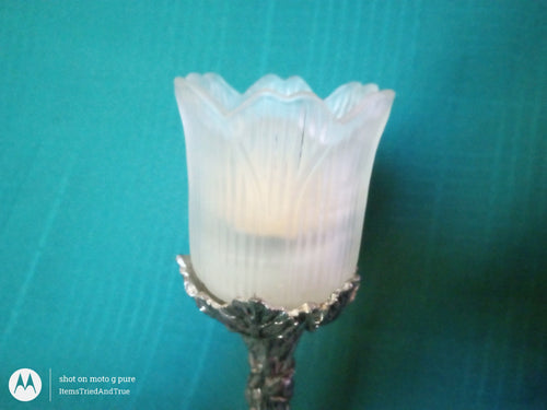 1986 Arthur Court Candle Holder – Frosted Glass Flower Shade & Sculpted Pewter Base