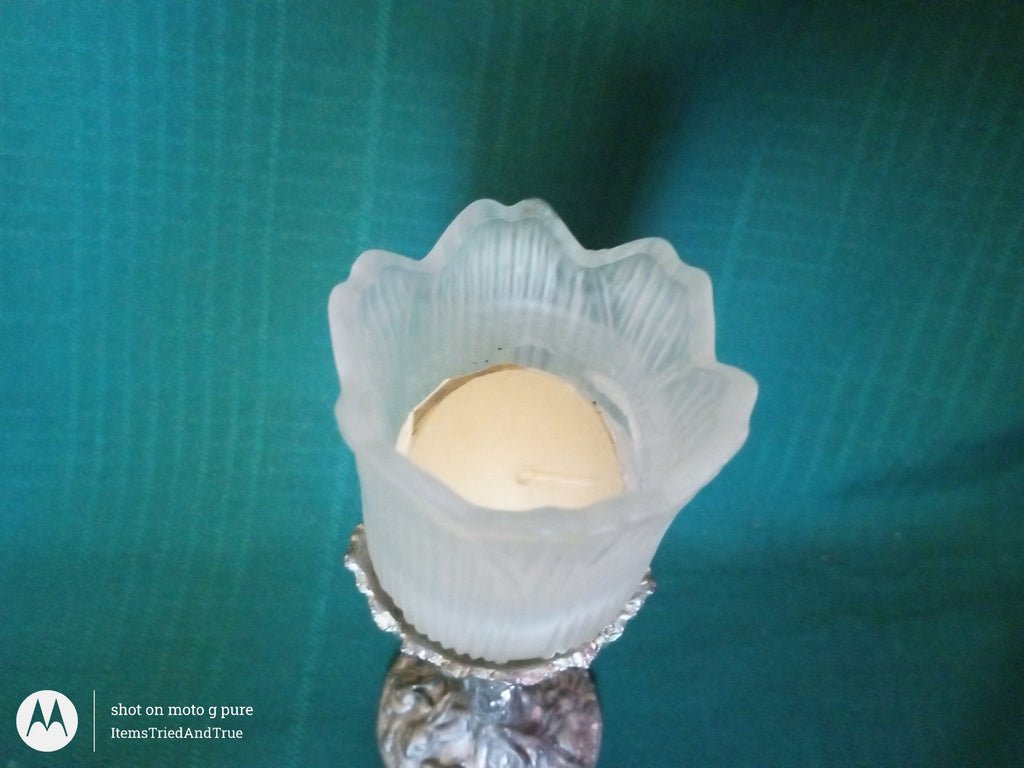 1986 Arthur Court Candle Holder – Frosted Glass Flower Shade & Sculpted Pewter Base
