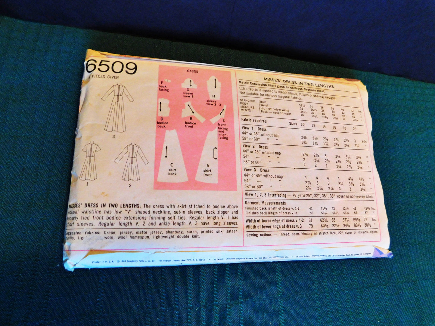 Simplicity 6509 Vintage Sewing Pattern – 1974 Misses’ A-Line Dress – Size 16 Bust 38