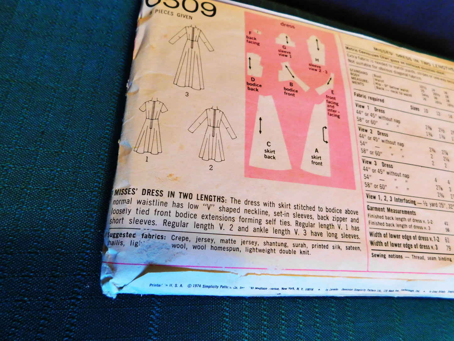 Simplicity 6509 Vintage Sewing Pattern – 1974 Misses’ A-Line Dress – Size 16 Bust 38