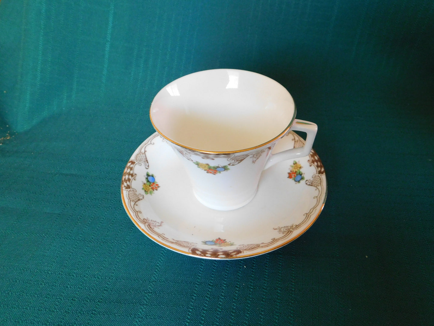 Radfords Joy floral and beige scroll cup and saucer VGU