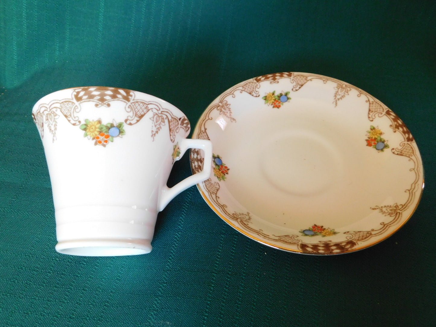 Radfords Joy floral and beige scroll cup and saucer VGU