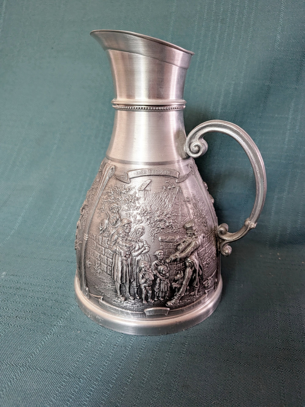 Vintage SKS Zinn 95% Pewter Pitcher, West Germany Relief Village Scene Jug